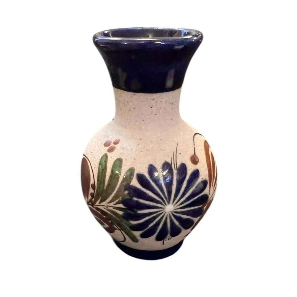 Tonala Hand Painted Mexican Pottery‎ Bud Vase With Flowers & Leaves 4” Tall